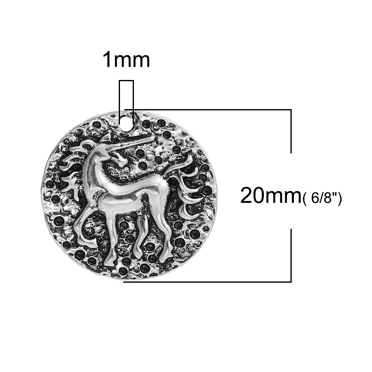 Picture of Zinc Based Alloy Charms Horse Antique Silver Color Round Disc 20mm( 6/8") Dia, 5 PCs