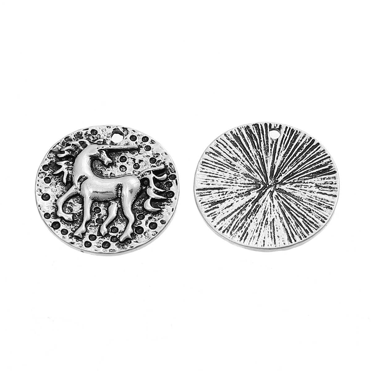 Picture of Zinc Based Alloy Charms Horse Antique Silver Color Round Disc 20mm( 6/8") Dia, 5 PCs