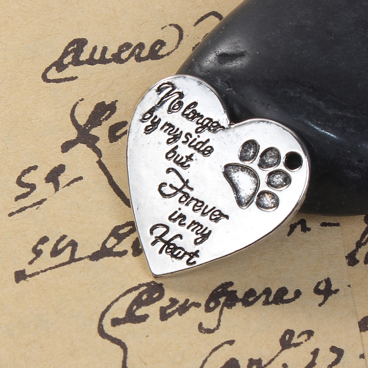 Picture of 5 PCs Zinc Based Alloy Pet Memorial Charms Antique Silver Color Heart Paw Print Message " No Longer By My Side But Forever In My Heart " 25mm x 25mm