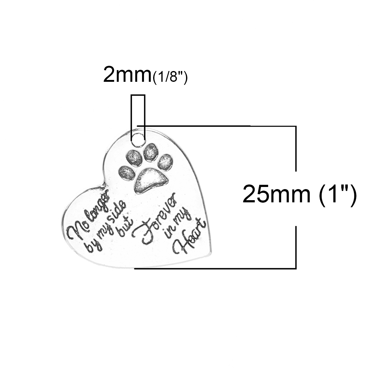 Picture of 5 PCs Zinc Based Alloy Pet Memorial Charms Antique Silver Color Heart Paw Print Message " No Longer By My Side But Forever In My Heart " 25mm x 25mm