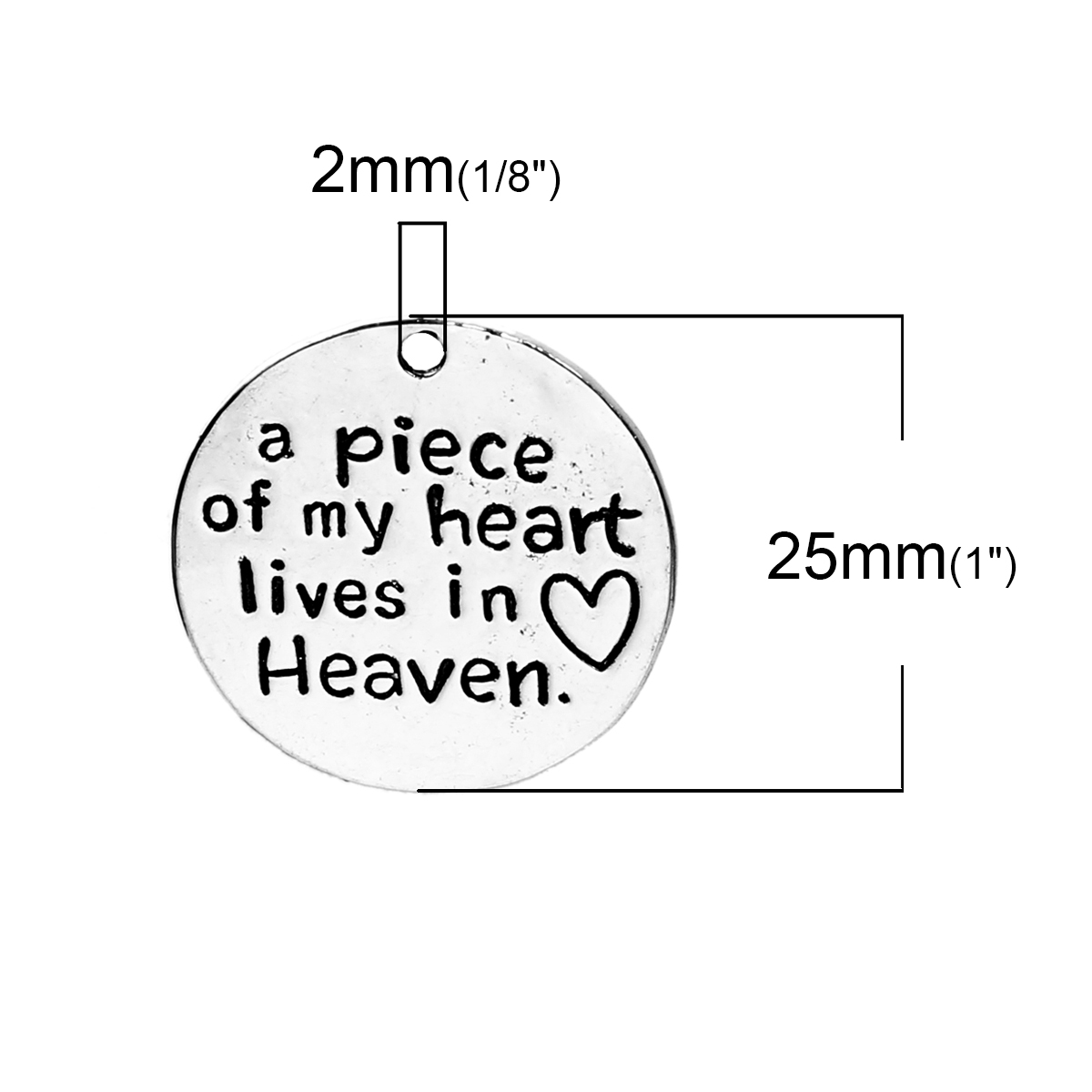 Picture of 5 PCs Zinc Based Alloy Pet Memorial Charms Antique Silver Color Round Disc Heart Message " A piece of my heart lives in heaven " 25mm Dia.