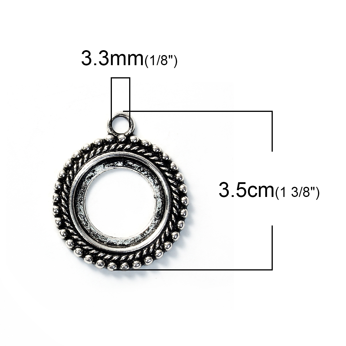 Picture of Zinc Based Alloy Pendants Round Antique Silver Color Stripe Carved Cabochon Settings (Fits 20mm Dia.) 35mm x 30mm, 10 PCs