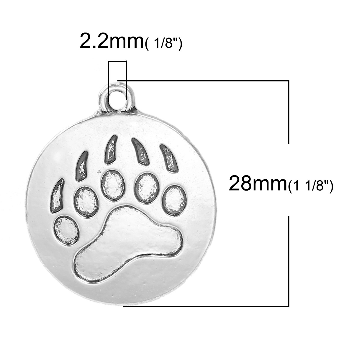 Picture of Zinc Based Alloy Charms Round Disc Antique Silver Color Bear Paw Print 28mm(1 1/8") x 24mm(1"), 5 PCs