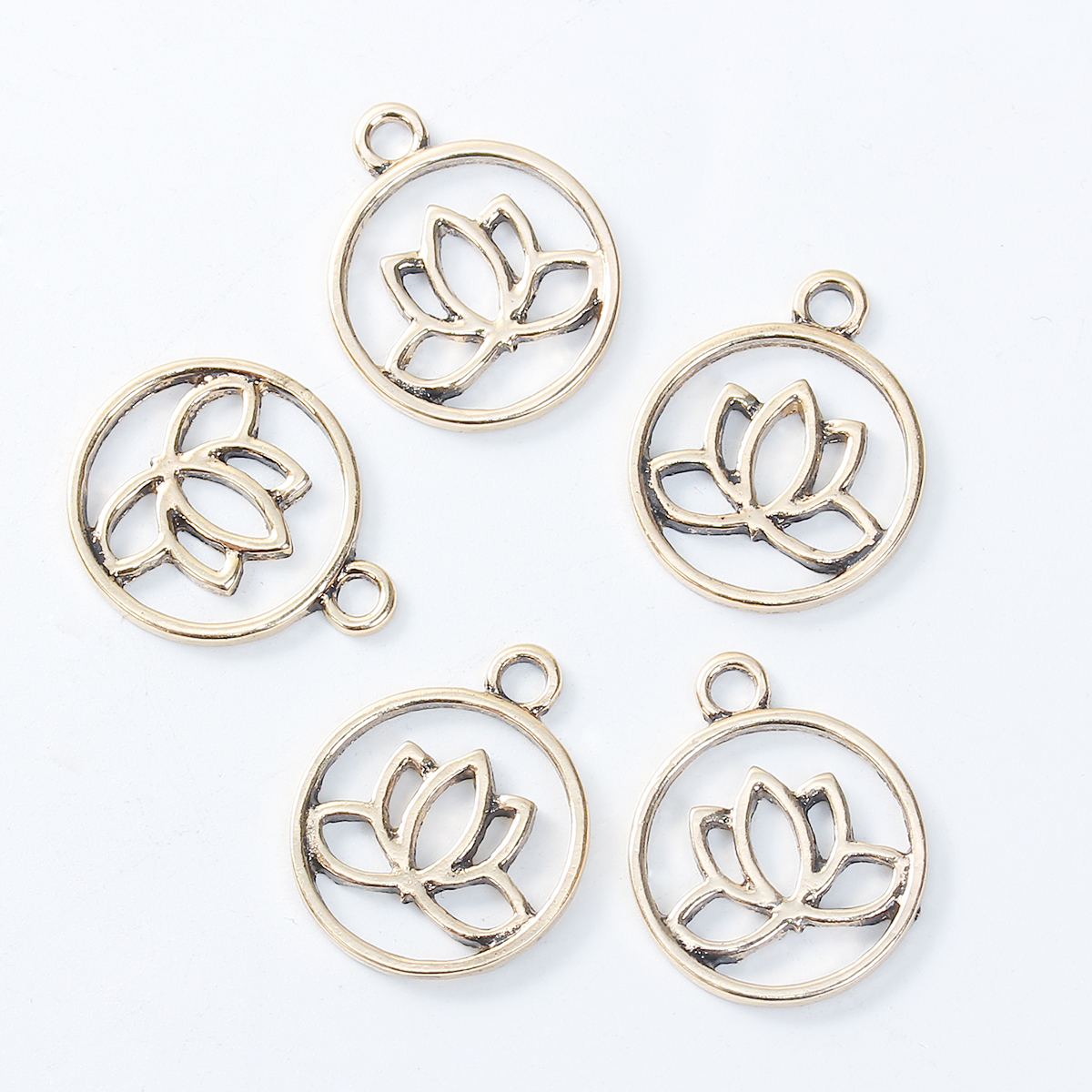 Picture of Zinc Based Alloy Charms Lotus Flower Gold Tone Antique Gold Round Hollow 23mm( 7/8") x 19mm( 6/8"), 5 PCs