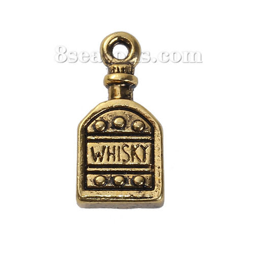 Image de Breloque 3D en Alliage de Zinc Bouteille Or Vieilli Gravé Mots " Whisky " 18mm x 9mm, 10 Pcs