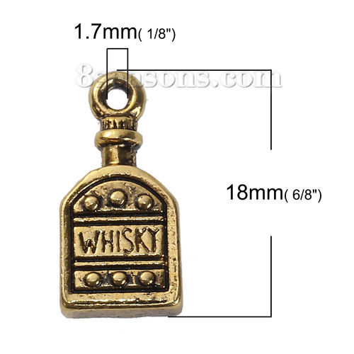 Image de Breloque 3D en Alliage de Zinc Bouteille Or Vieilli Gravé Mots " Whisky " 18mm x 9mm, 10 Pcs