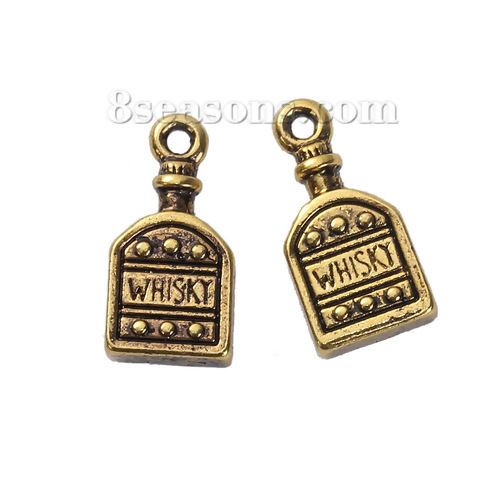 Image de Breloque 3D en Alliage de Zinc Bouteille Or Vieilli Gravé Mots " Whisky " 18mm x 9mm, 10 Pcs