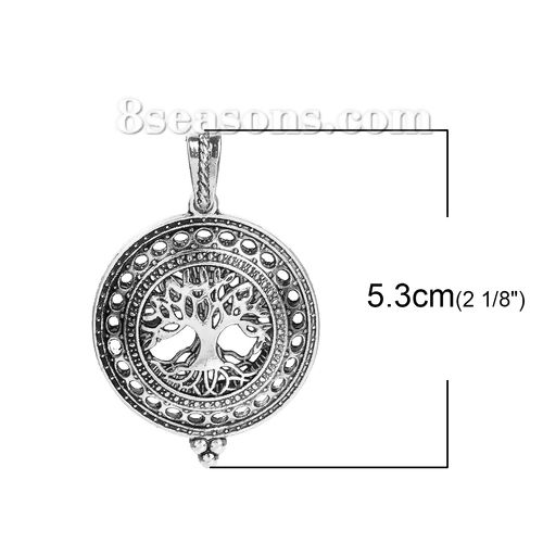 Picture of Brass Aromatherapy Essential Oil Diffuser Locket Pendants Round Antique Silver Color Tree Carved Cabochon Settings (Fits 29mm Dia.) Can Open 53mm(2 1/8") x 35mm(1 3/8"), 1 Piece