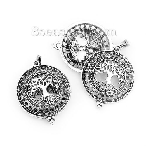 Picture of Brass Aromatherapy Essential Oil Diffuser Locket Pendants Round Antique Silver Color Tree Carved Cabochon Settings (Fits 29mm Dia.) Can Open 53mm(2 1/8") x 35mm(1 3/8"), 1 Piece