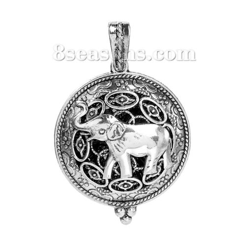 Picture of Brass Aromatherapy Essential Oil Diffuser Locket Pendants Round Disc Antique Silver Color Elephant Carved Cabochon Settings (Fits 29mm Dia.) Can Open 52mm(2") x 35mm(1 3/8"), 1 Piece