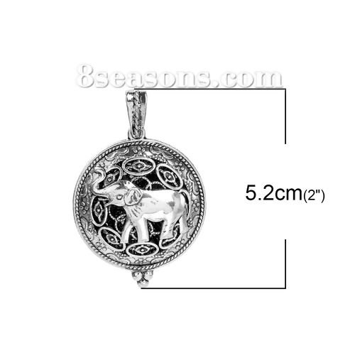 Picture of Brass Aromatherapy Essential Oil Diffuser Locket Pendants Round Disc Antique Silver Color Elephant Carved Cabochon Settings (Fits 29mm Dia.) Can Open 52mm(2") x 35mm(1 3/8"), 1 Piece