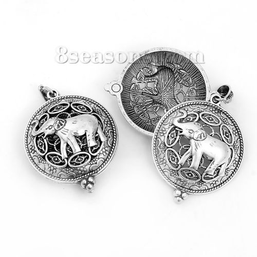 Picture of Brass Aromatherapy Essential Oil Diffuser Locket Pendants Round Disc Antique Silver Color Elephant Carved Cabochon Settings (Fits 29mm Dia.) Can Open 52mm(2") x 35mm(1 3/8"), 1 Piece