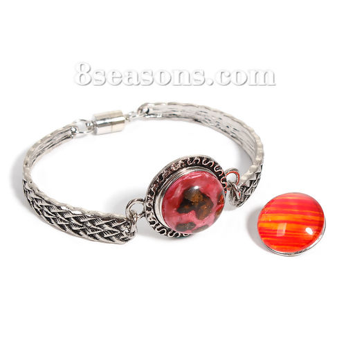Picture of Snap Button Bangles Bracelets Fit 18mm/20mm Snap Buttons Antique Silver Color Braided Round 20.5cm(8 1/8") long, Hole Size: 6mm( 2/8"), 1 Piece