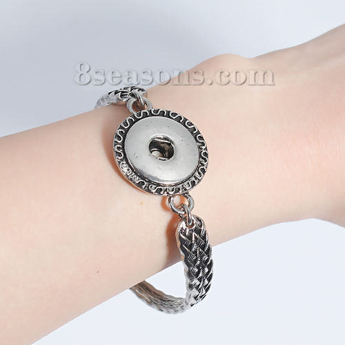 Picture of Snap Button Bangles Bracelets Fit 18mm/20mm Snap Buttons Antique Silver Color Braided Round 20.5cm(8 1/8") long, Hole Size: 6mm( 2/8"), 1 Piece