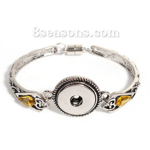 Picture of Snap Button Bangles Bracelets Fit 18mm/20mm Snap Buttons Antique Silver Color Round Yellow Rhinestone 22cm(8 5/8") long, Hole Size: 6mm( 2/8"), 1 Piece