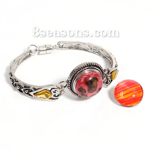 Picture of Snap Button Bangles Bracelets Fit 18mm/20mm Snap Buttons Antique Silver Color Round Yellow Rhinestone 22cm(8 5/8") long, Hole Size: 6mm( 2/8"), 1 Piece