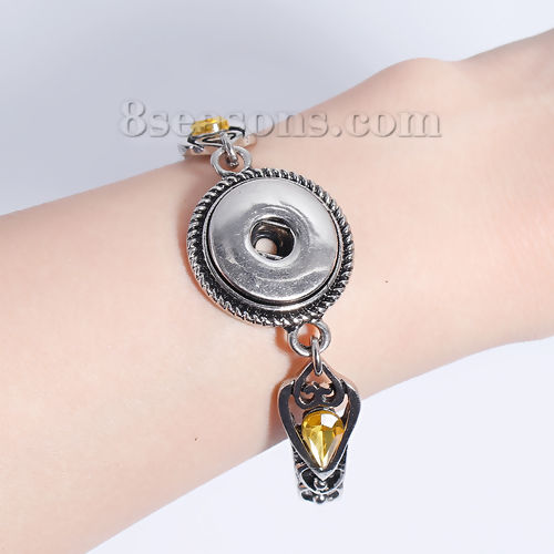 Picture of Snap Button Bangles Bracelets Fit 18mm/20mm Snap Buttons Antique Silver Color Round Yellow Rhinestone 22cm(8 5/8") long, Hole Size: 6mm( 2/8"), 1 Piece