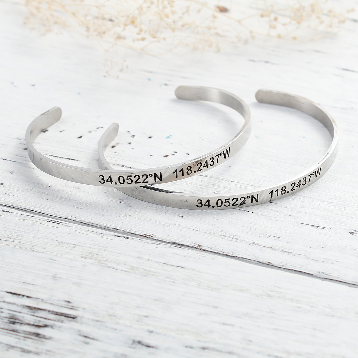 Picture of 304 Stainless Steel Travel Coordinates Open Cuff Bangles Bracelets Silver Tone Message " Los Angeles 34522°N 118.2437°W " 17cm(6 6/8") long, 1 Piece