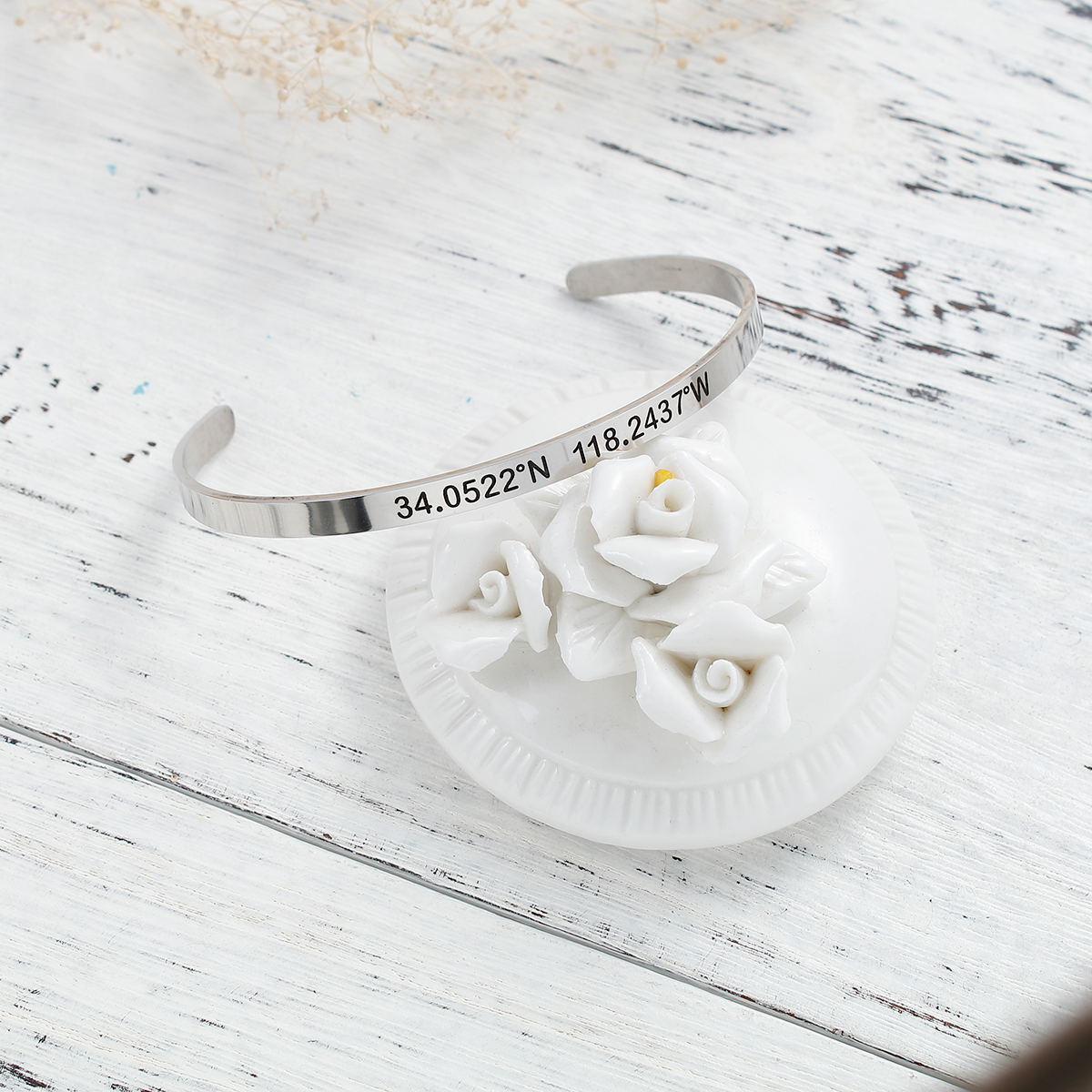 Picture of 304 Stainless Steel Travel Coordinates Open Cuff Bangles Bracelets Silver Tone Message " Los Angeles 34522°N 118.2437°W " 17cm(6 6/8") long, 1 Piece