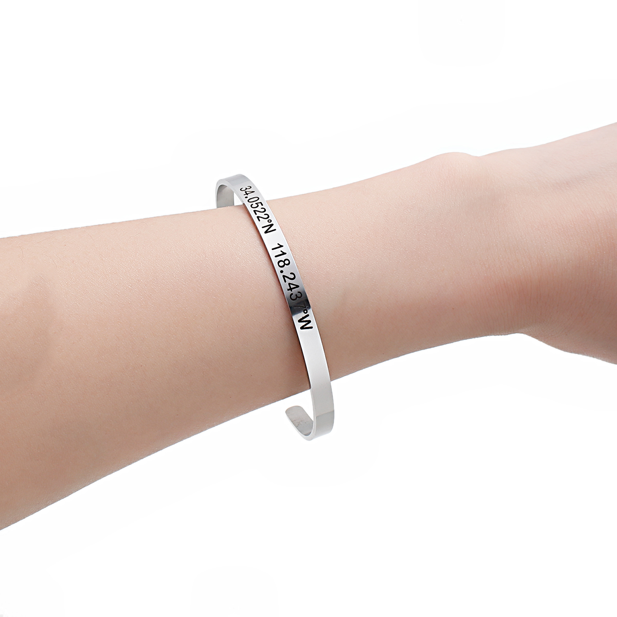 Picture of 304 Stainless Steel Travel Coordinates Open Cuff Bangles Bracelets Silver Tone Message " Los Angeles 34522°N 118.2437°W " 17cm(6 6/8") long, 1 Piece