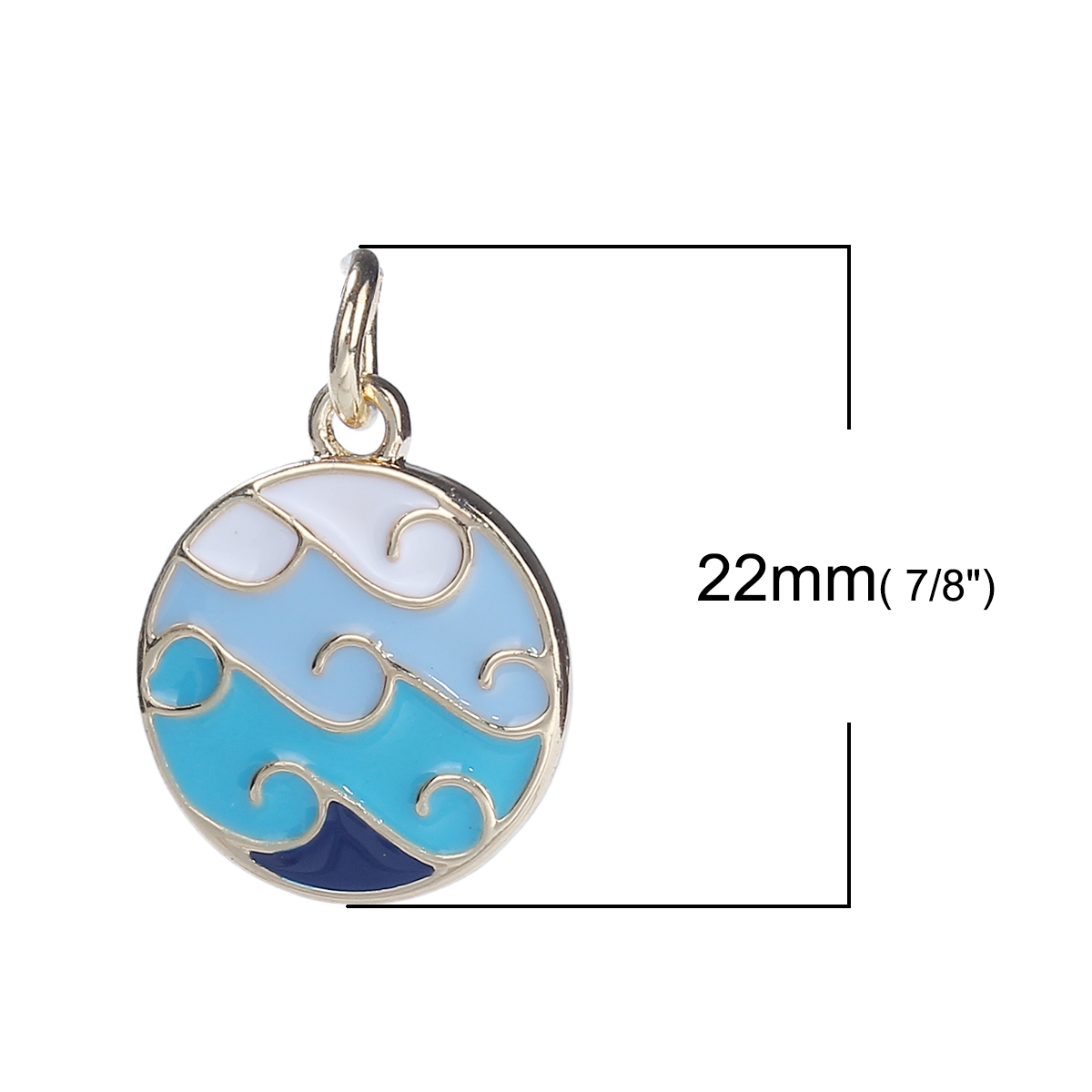Picture of Zinc Based Alloy Pendants Wave Gold Plated Blue Round Disc Enamel 22mm( 7/8") x 16mm( 5/8"), 3 PCs