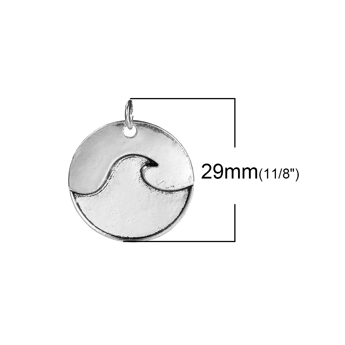 Picture of Zinc Based Alloy Charms Wave Antique Silver Color Round Disc 29mm(1 1/8") x 25mm(1"), 5 PCs