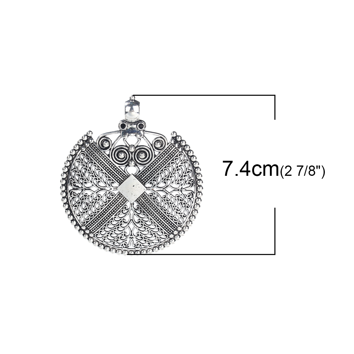 Immagine di Lega di Zinco Stile Bohemien Ciondoli Tondo Argento Antico Filigrana (Addetti ss10 Strass) 74mm x 64mm , 2 Pz