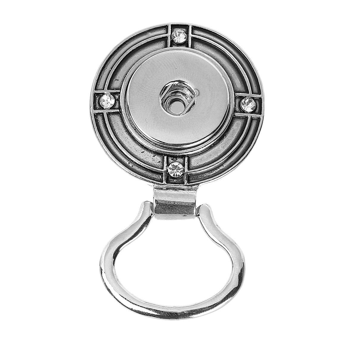 Picture of Zinc Based Alloy Snap Button Magnetic Brooch Eyeglass Holder Fit Snap 18mm/20mm Buttons Round Antique Silver Color Clear Rhinestone 56mm(2 2/8") x 32mm(1 2/8"), Hole Size: 6mm( 2/8"), 1 Piece