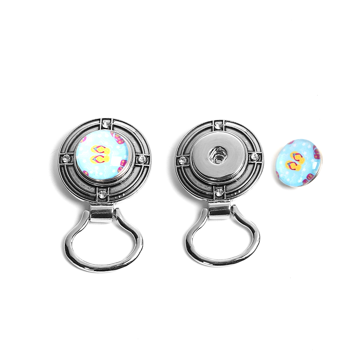 Picture of Zinc Based Alloy Snap Button Magnetic Brooch Eyeglass Holder Fit Snap 18mm/20mm Buttons Round Antique Silver Color Clear Rhinestone 56mm(2 2/8") x 32mm(1 2/8"), Hole Size: 6mm( 2/8"), 1 Piece