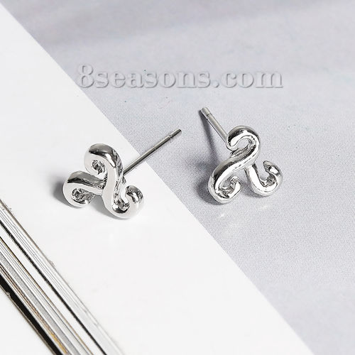 Picture of Ear Post Stud Earrings Silver Tone Wave 8mm( 3/8") x 7mm( 2/8"), Post/ Wire Size: (21 gauge), 1 Pair