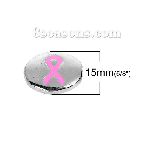 Picture of Zinc Based Alloy Spacer Beads Flat Round Silver Tone Pink Ribbon Enamel 15mm x 12mm, Hole: Approx 1.1mm, 3 PCs