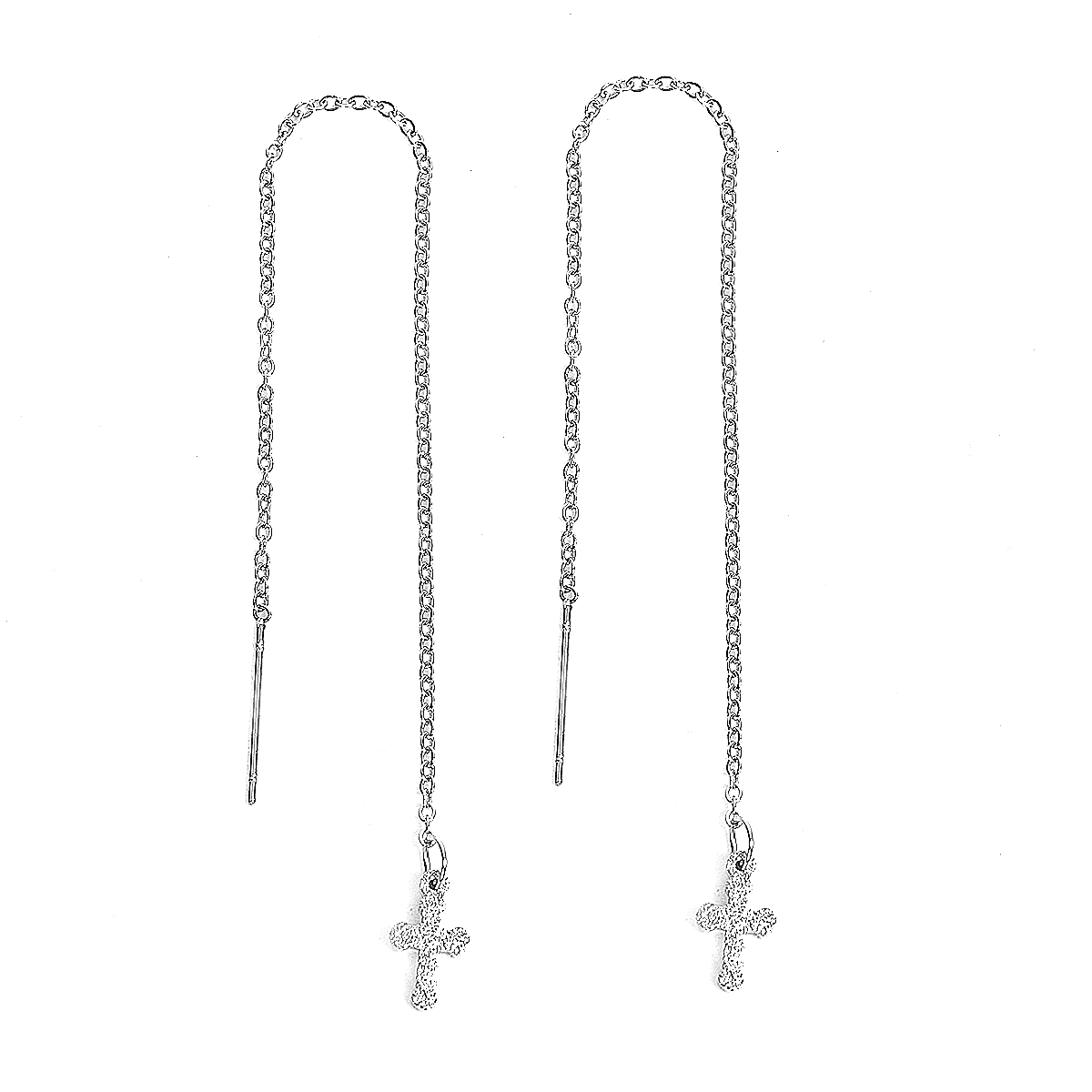 Picture of 304 Stainless Steel Ear Thread Threader Earring Silver Tone Cross Sparkledust 12.7cm(5")long , Post/ Wire Size: (21 gauge) 1 Pair