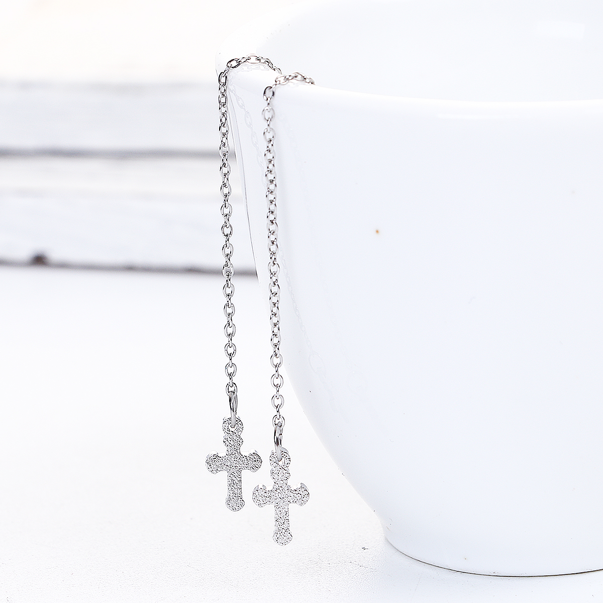 Picture of 304 Stainless Steel Ear Thread Threader Earring Silver Tone Cross Sparkledust 12.7cm(5")long , Post/ Wire Size: (21 gauge) 1 Pair