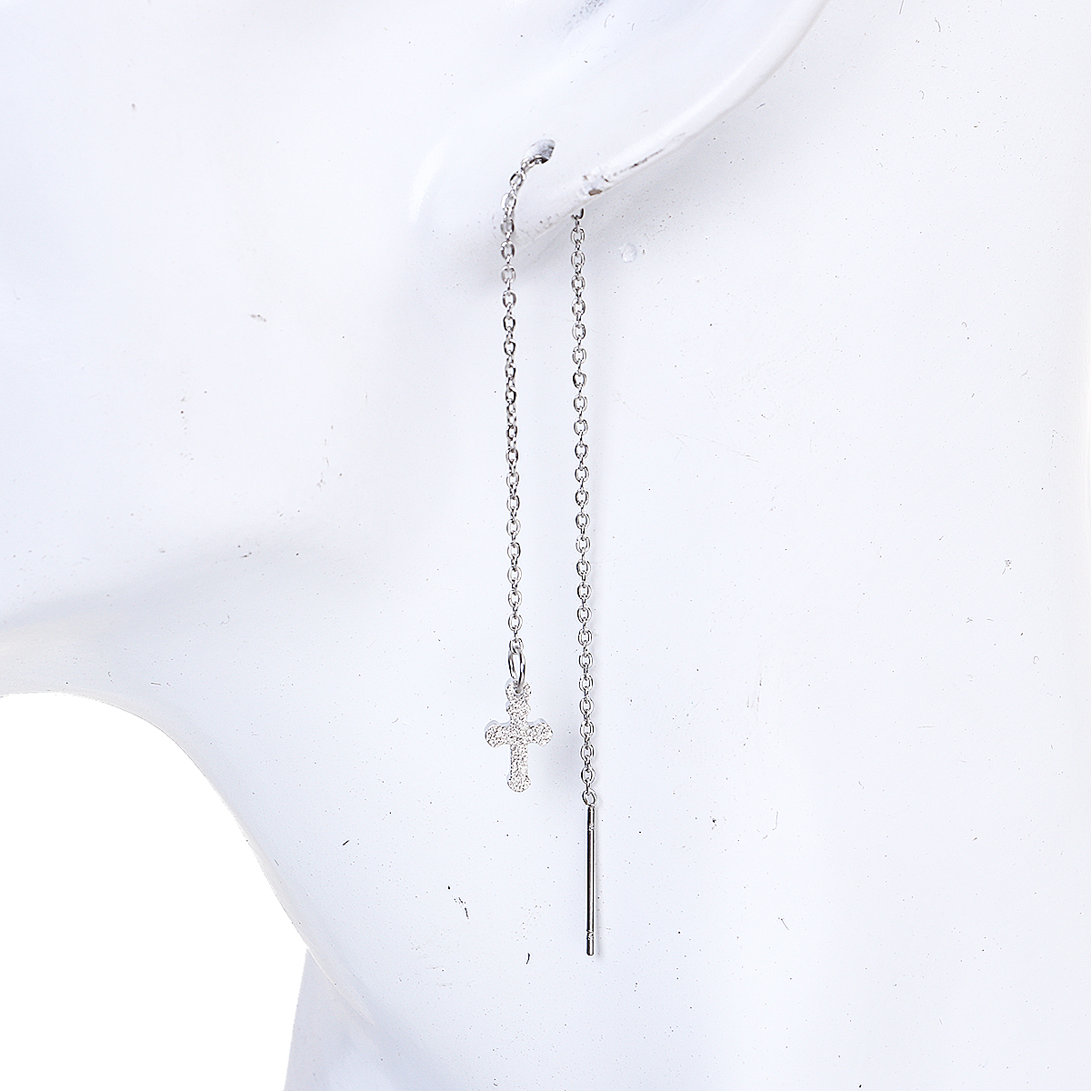 Picture of 304 Stainless Steel Ear Thread Threader Earring Silver Tone Cross Sparkledust 12.7cm(5")long , Post/ Wire Size: (21 gauge) 1 Pair