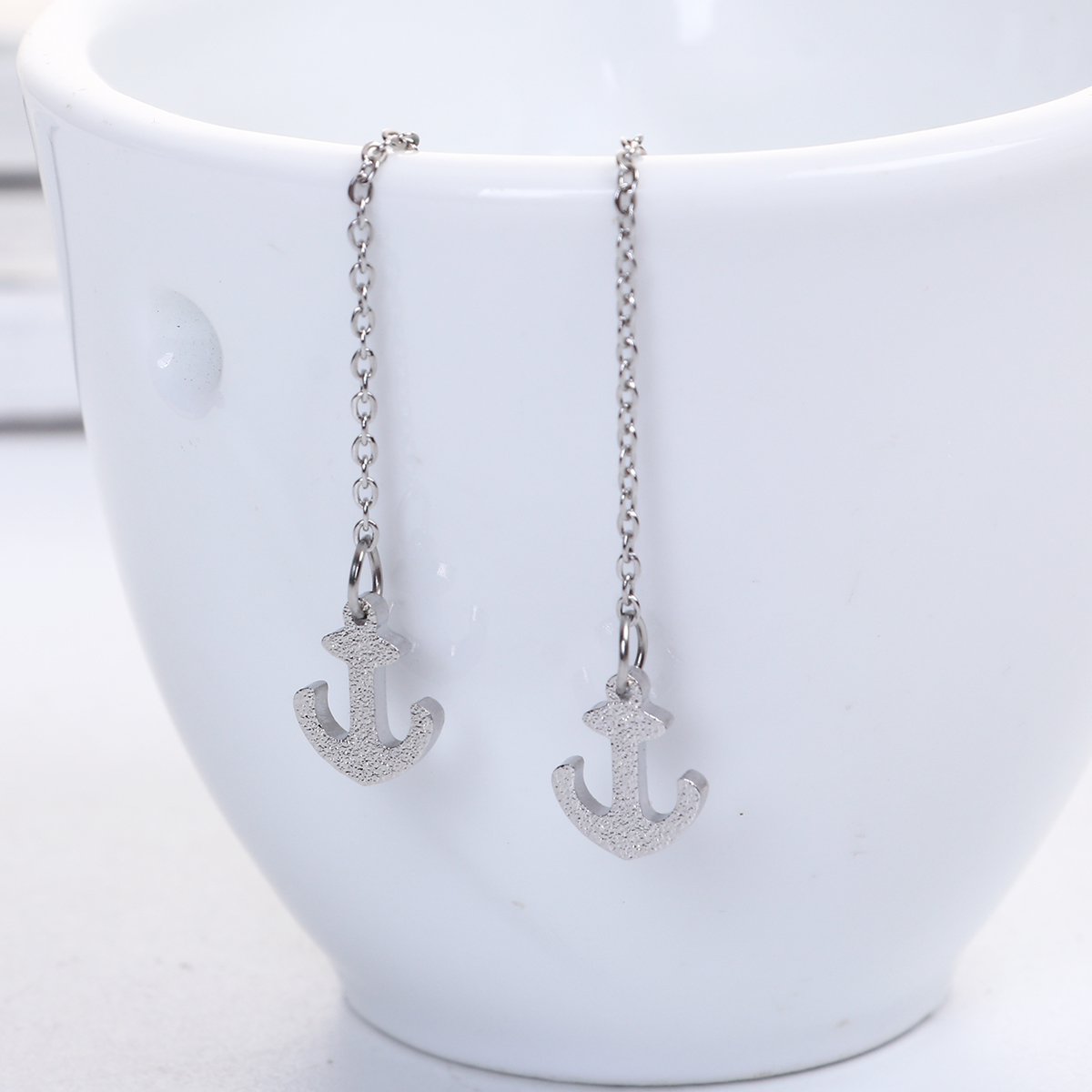 Picture of 304 Stainless Steel Ear Thread Threader Earring Silver Tone Anchor Sparkledust 12.5cm(4 7/8")long , Post/ Wire Size: (21 gauge) 1 Pair