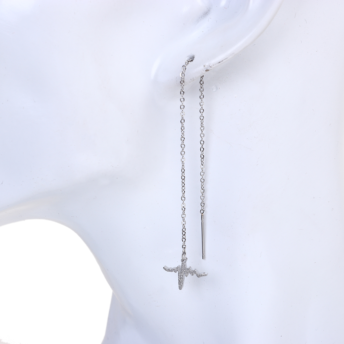 Picture of 304 Stainless Steel Ear Thread Threader Earring Silver Tone Heartbeat/ Electrocardiogram Sparkledust 12.5cm(4 7/8")long , Post/ Wire Size: (21 gauge) 1 Pair