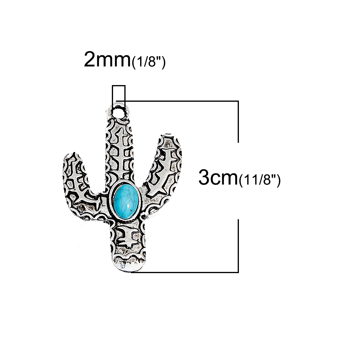 Bild von Zinklegierung Böhmischer Stil Anhänger Kaktus Antiksilber Blau 30mm x 20mm, 5 Stück