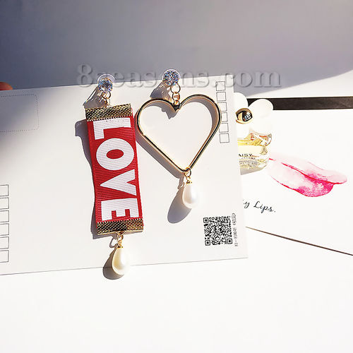 Picture of Fabric Asymmetric Earrings Gold Plated Red Ribbon Heart Clear Rhinestone Acrylic Imitation Pearl 10.5cm x2.5cm(4 1/8" x1") 8.5cm x5.5cm(3 3/8" x2 1/8"), Post/ Wire Size: (21 gauge), 1 Pair