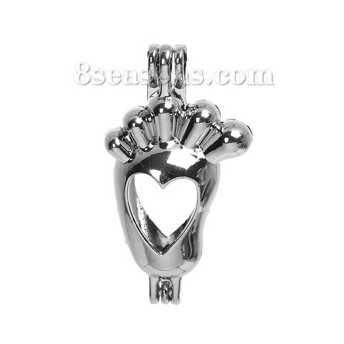 Picture of Brass 3D Wish Pearl Locket Jewelry Pendants Feet Silver Tone Heart Can Open (Fit Bead Size: 8mm) 32mm(1 2/8") x 15mm( 5/8"), 1 Piece
