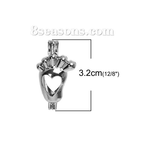Picture of Brass 3D Wish Pearl Locket Jewelry Pendants Feet Silver Tone Heart Can Open (Fit Bead Size: 8mm) 32mm(1 2/8") x 15mm( 5/8"), 1 Piece