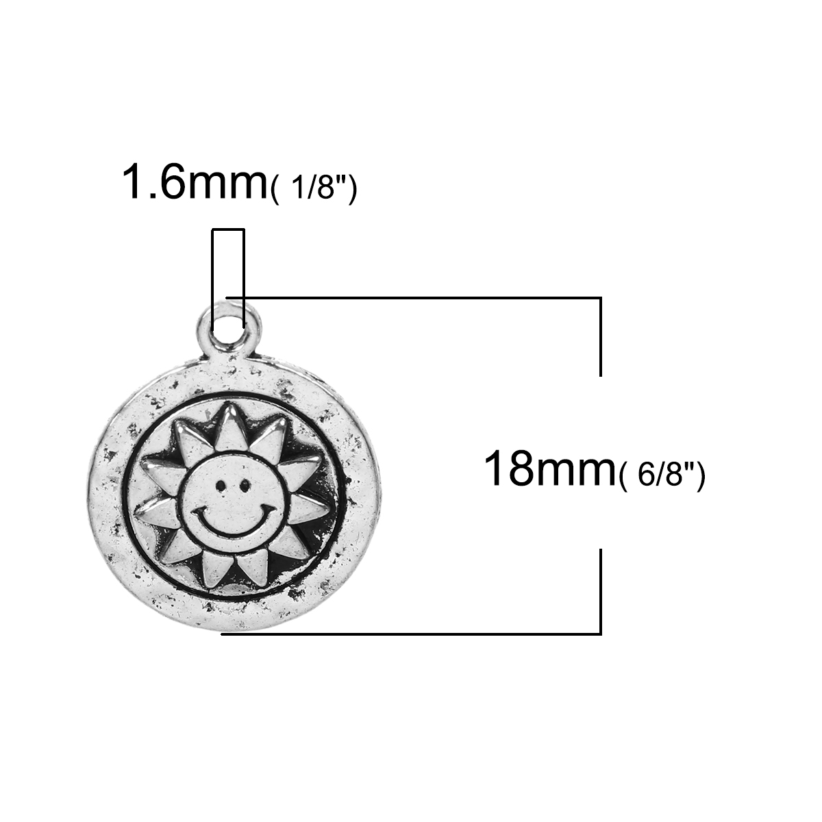 Picture of Zinc Based Alloy Charms Round Disc Antique Silver Color Sun Face 18mm x15mm( 6/8" x 5/8"), 30 PCs