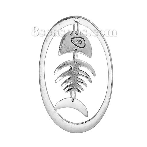Picture of Zinc Based Alloy Pendants Fish Bone Antique Silver Color Oval 56mm(2 2/8") x 35mm(1 3/8"), 5 PCs