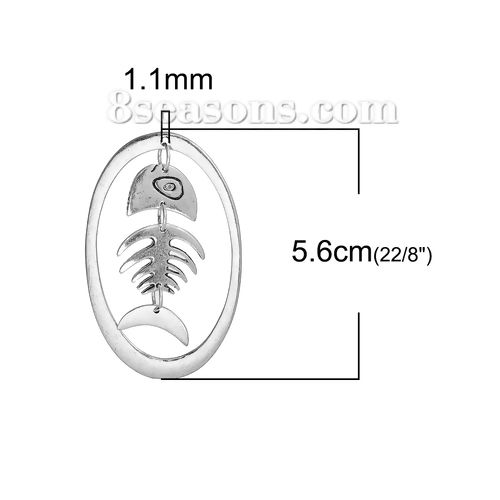 Picture of Zinc Based Alloy Pendants Fish Bone Antique Silver Color Oval 56mm(2 2/8") x 35mm(1 3/8"), 5 PCs