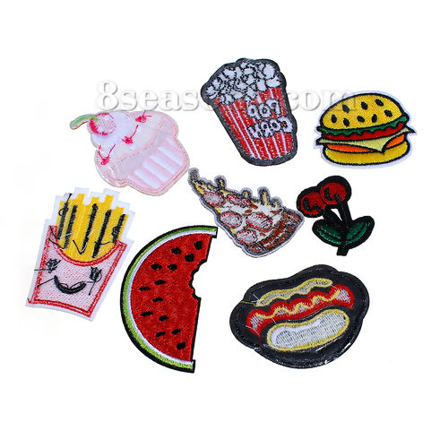 Picture of Fabric Iron On Embroidered Patches (With Glue Back) At Random Mixed Fruit Food 7cm x4cm(2 6/8" x1 5/8") - 4cm x2.8cm(1 5/8" x1 1/8"), 1 Set (Approx 10 PCs/Set)