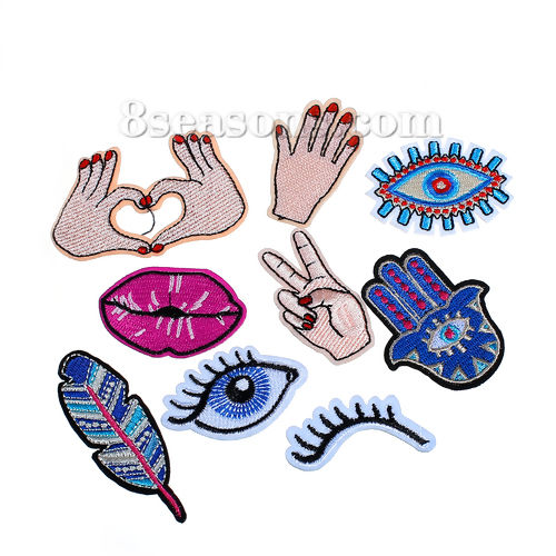 Picture of Fabric Iron On Embroidered Patches (With Glue Back) At Random Mixed Hand Gesture Eye 7.5cm x2.5cm(3" x1") - 5.3cm x2.5cm(2 1/8" x1"), 1 Set (Approx 9 PCs/Set)