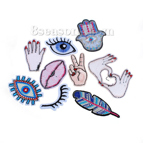 Picture of Fabric Iron On Embroidered Patches (With Glue Back) At Random Mixed Hand Gesture Eye 7.5cm x2.5cm(3" x1") - 5.3cm x2.5cm(2 1/8" x1"), 1 Set (Approx 9 PCs/Set)
