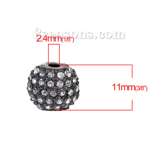 Picture of Zinc Based Alloy Beads Round Gunmetal Clear Rhinestone About 11mm Dia, Hole: Approx 2.4mm, 1 Piece