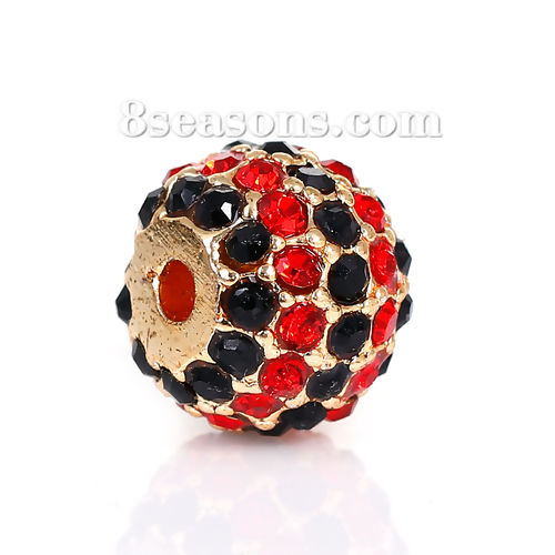 Picture of Zinc Based Alloy Beads Round Gold Plated Black & Red Rhinestone About 11mm Dia, Hole: Approx 2.4mm, 1 Piece