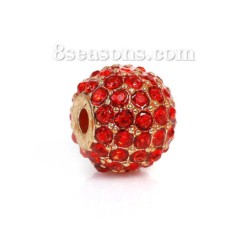 Picture of Zinc Based Alloy Beads Round Gold Plated Red Rhinestone About 11mm Dia, Hole: Approx 2.4mm, 1 Piece