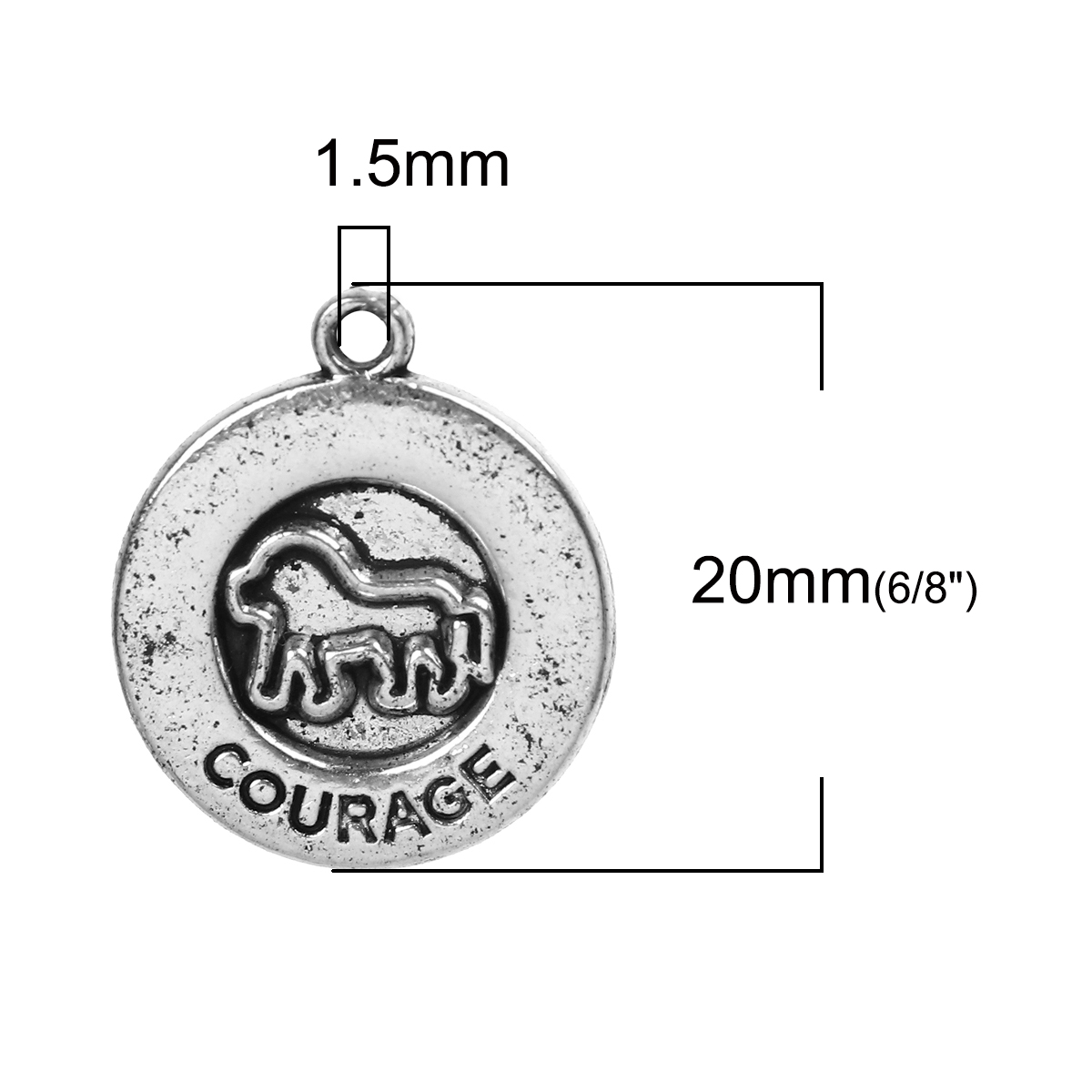 Picture of Zinc Based Alloy Charms Round Disc Antique Silver Color Dog Message " COURAGE " 20mm( 6/8") x 17mm( 5/8"), 30 PCs